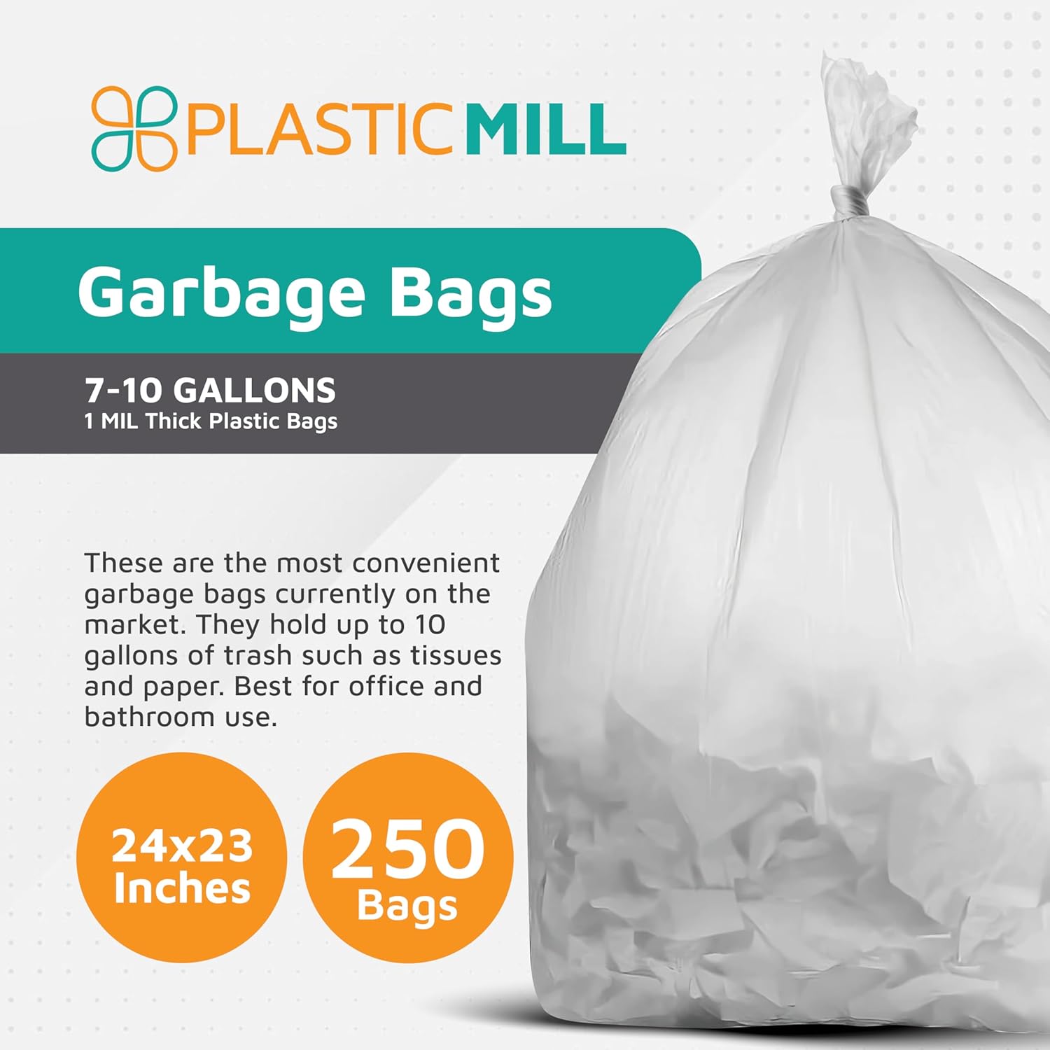 PlasticMill Heavy Duty Trash Bags - Clear Garbage Bags - Plastic Trash Bags - Kitchen, Bathroom, Office Garbage Bags, Trash Can Liners - 7-10 Gallon Small Trash Bags, 1 Mil, 24"x23" (250-Count)