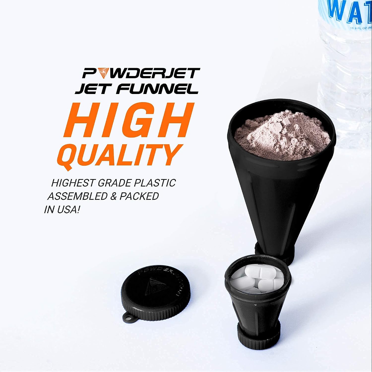 3-in-1 Protein Funnel Powder Device, Protein Powder Containers to Go, and Powder Mixer, Tight-Lock Containers for Protein Powder and Pre Workout Powder, Pack of 4, 150cc, Black - PowderJet