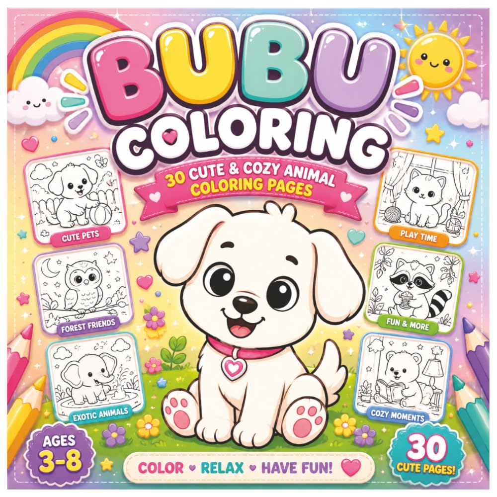 BuBu Coloring Book: 30 Cute & Cozy Animal Coloring Pages for Kids Ages 3–8