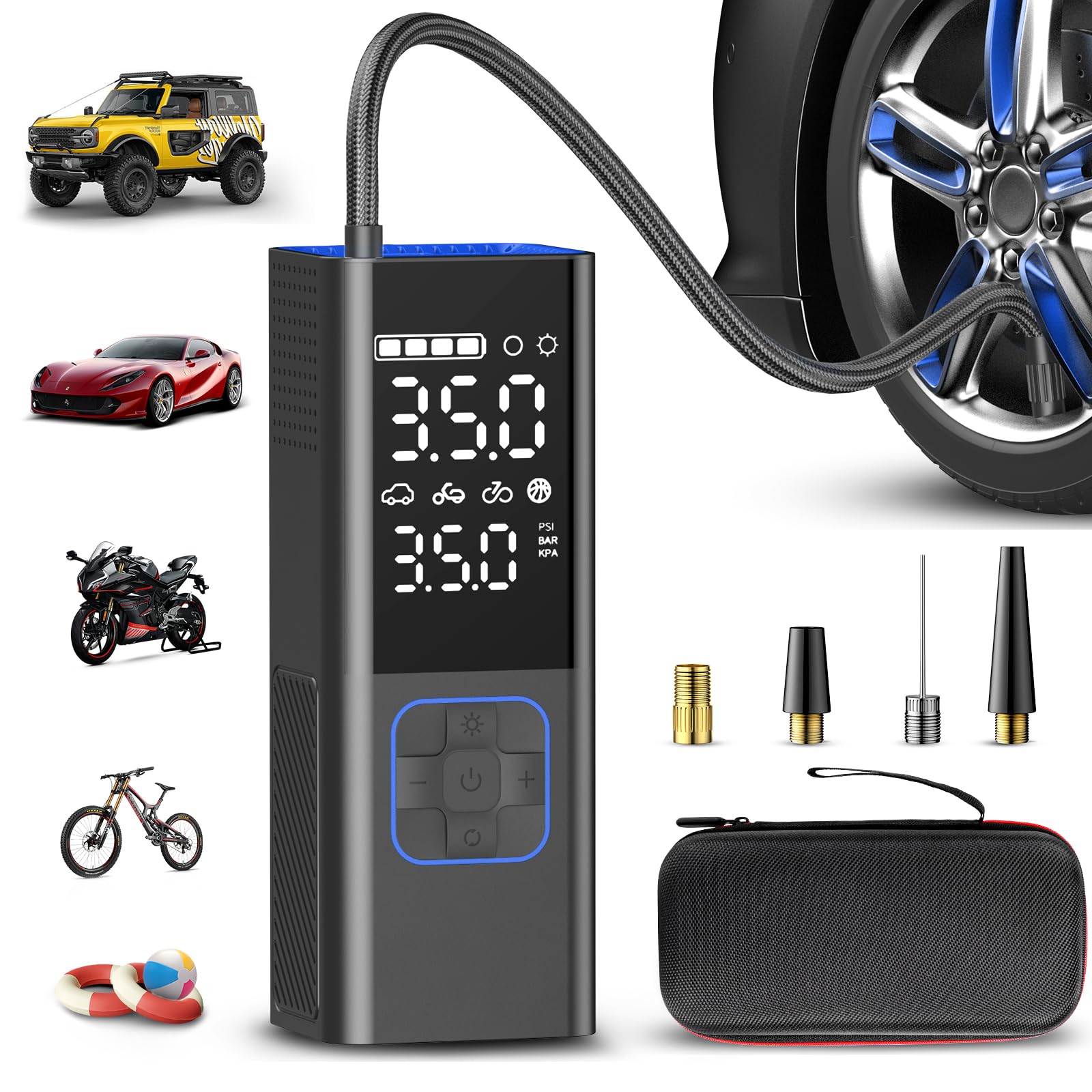 Przenośna sprężarka powietrza do opon 20000 mAh i 4 x szybsza bezprzewodowa pompa do opon do samochodu, roweru, motocykla, piłki, z manometrem w oponach i torbą do przechowywania (2024 nowa)