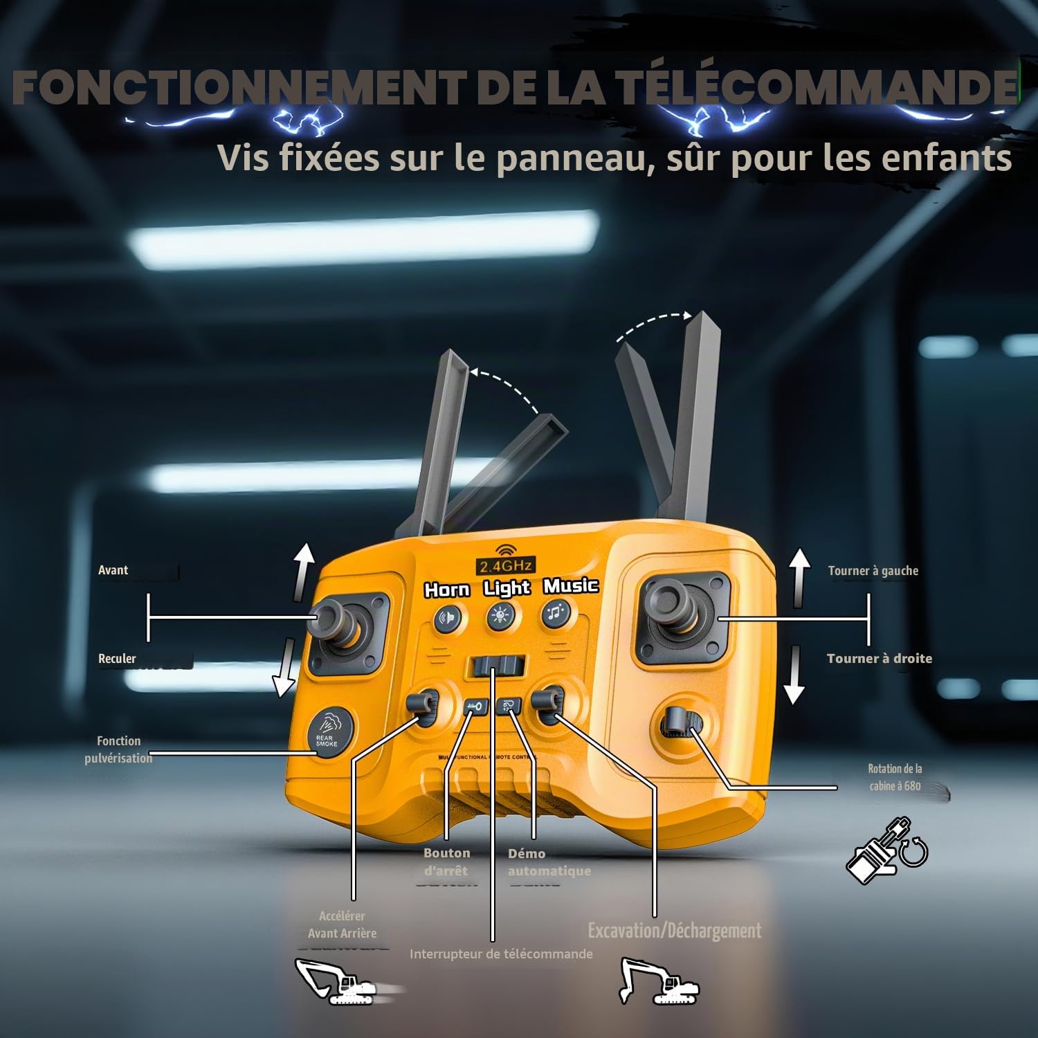 Pelleuse RC Jouet Véhicule de Construction pour Enfants 3-12, Voiture Télécommandée avec Pulvérisateur, Pelle en Métal / 3×Batterie / Rotation à 680°/Éclairage, Pelle Hydraulique pour