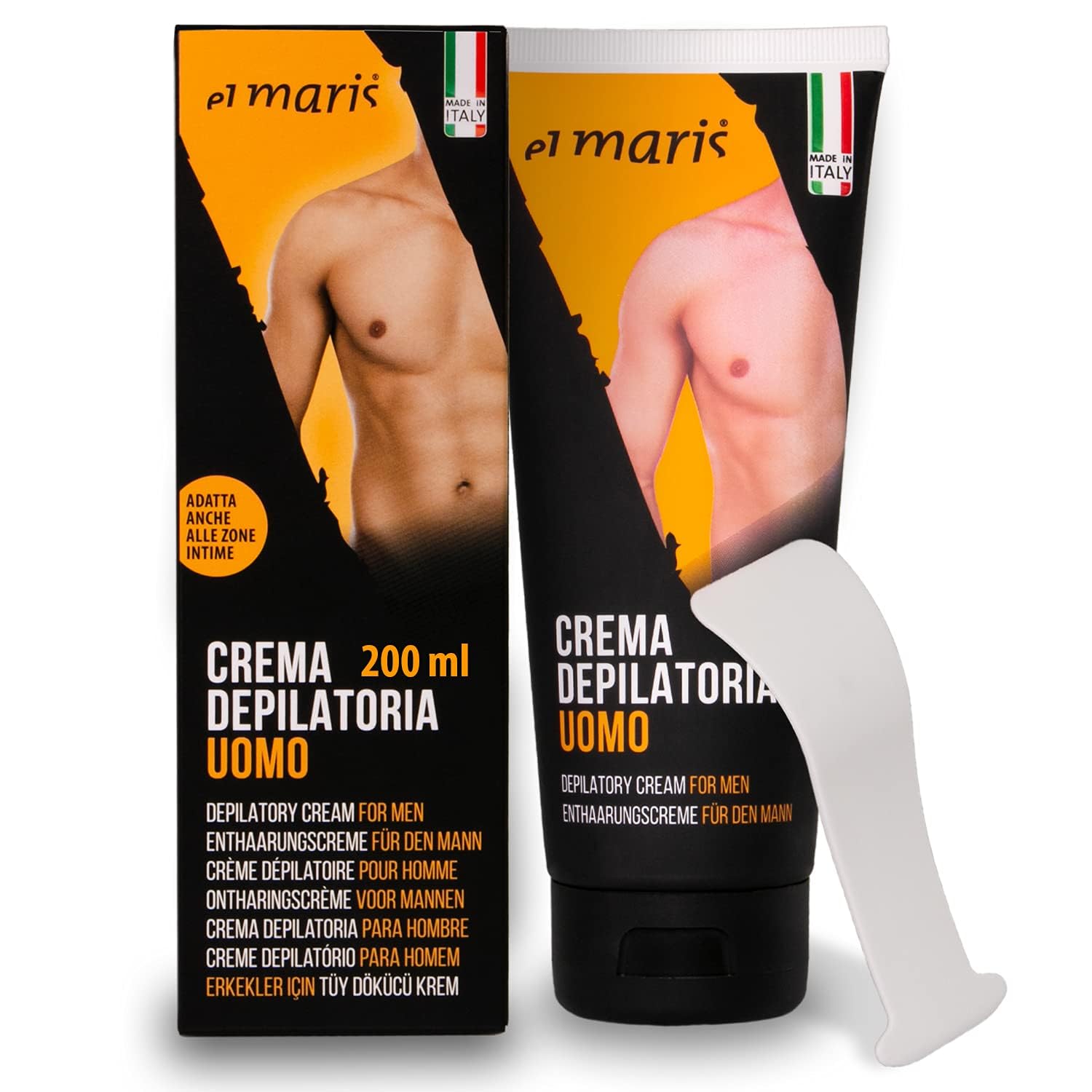 Elmaris - Crema depilatoria para hombre ultrarrápida y lenitiva, con Manteca de Karité y Bisabolol. Depilación de las partes íntimas, pecho, espalda, piernas, brazos. Tubo de 200ml