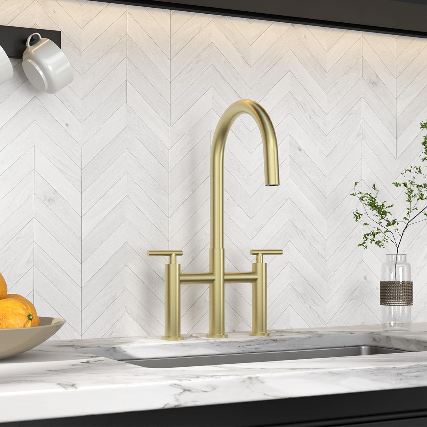 Bridge Kitchen Faucet with Pull-Down Hidden Sprayhead in Spot-Free 3 Hole Kitchen Sink Faucet,8 Inch Centerset 2 Handle Faucet for Kitchen Sink High Arc 360 Swivel Brushed Gold