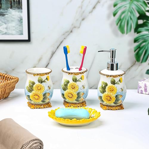 Miniatura 2 de FORLONG Juego de accesorios de baño de girasol de cerámica, conjunto de baño de 4 piezas con soporte para cepillo de dientes, taza para cepillos de