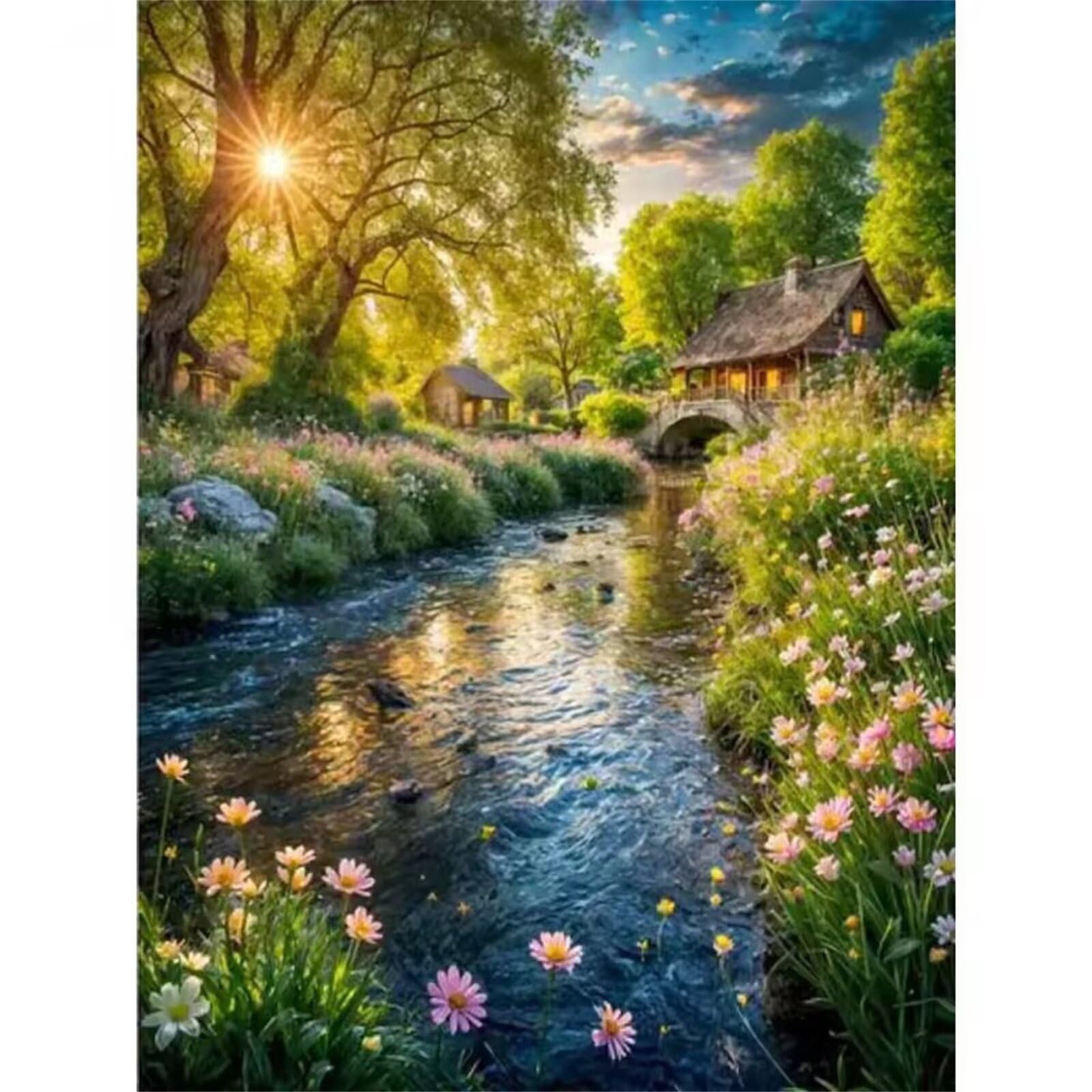 2000 Teile Puzzle Für Erwachsene,Riverbank Cottage Flowers DIY-Puzzle,Kreative Unterhaltung, Spaß, Klassisches Puzzles Familienspiele