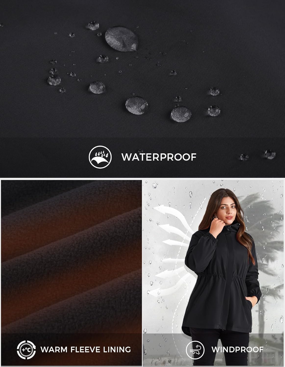 Hanna Nikole Women's Long Rain Jacket Plus Size Fleece Lined Waterproof Hooded Rain Coat Lightweight Pockets Windbreaker Trip - Image 4