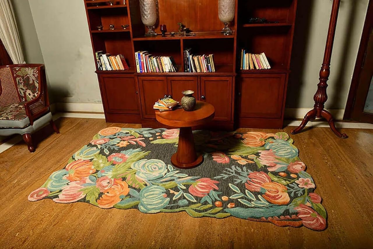 10x14 Ft Hand Tufted Wool Area Rug, Vintage Floral Bouquet Border Multicolor Design on Dark Background, Premium Handmade Carpet for Living Room Bedroom Home Décor