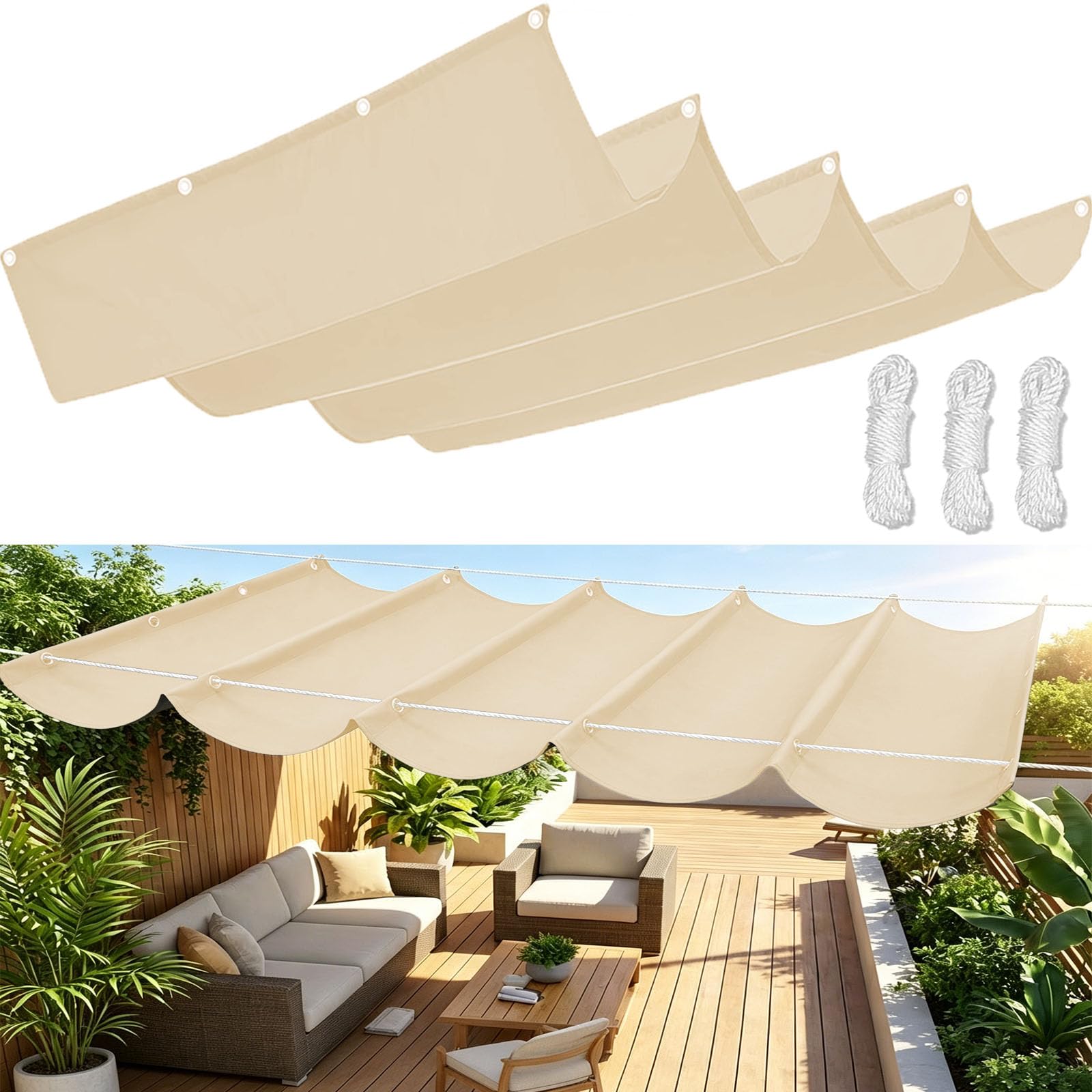 Retractable Wave Sun Shade Sail, Waterproof Sunscreen Awning Canopy UV Rays Blocking, Shade Sails for Garden Patio Pool Yard Party with Free Rope-Beige||180x350cm