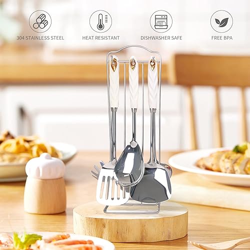 Miniatura 2 de Juego de utensilios de cocina de acero inoxidable 304 pulido espejo con soporte, 7 espátulas de metal de alta calidad, cucharón de sopa, afinador