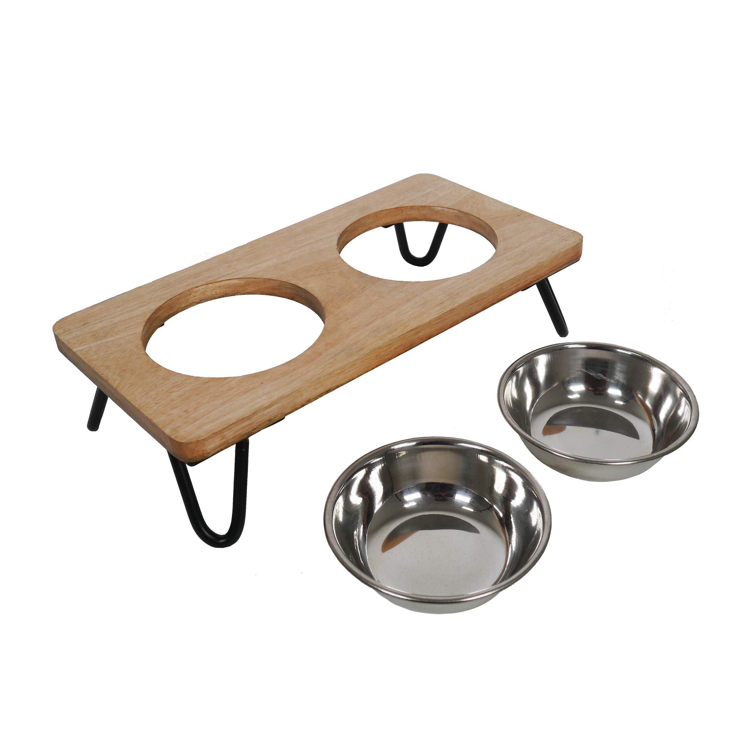 Rosewood Gamelle surélevée en Bois pour Chiens et Chats de Petite et Moyenne Taille avec Un Support surélevé Robuste et Deux gamelles d'eau et de Nourriture en Acier Inoxydable, Taille M