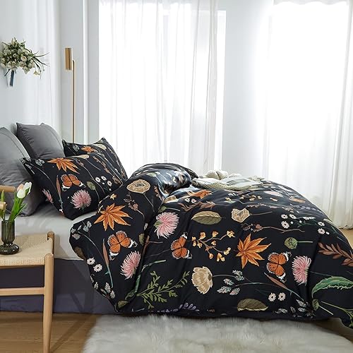 Miniatura 7 de Juego de funda de edredón floral tamaño individual, funda de edredón negra con estética rosa, floral, colorido, botánico, amarillo, mariposa, juego