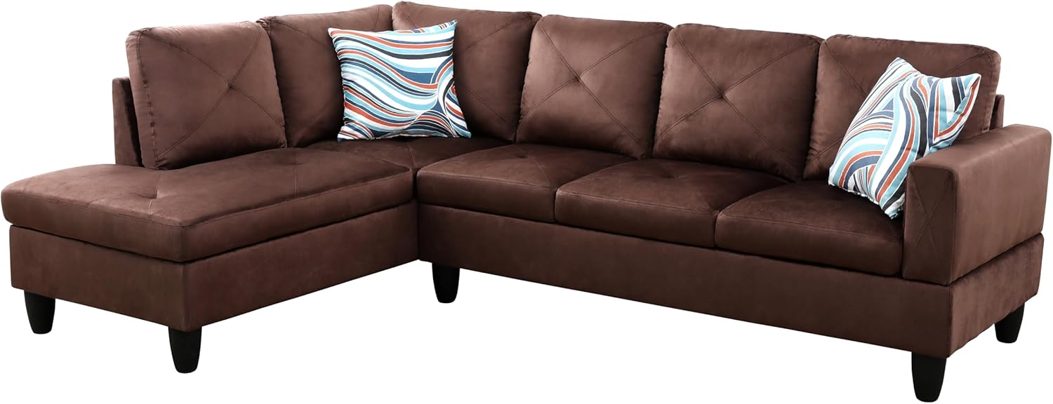 2-Piece L-Shaped Sectional Couch Set w/ 66" Chaise Lounge, Fabric Upholstered Modular Large Sofas w/Left Armrest for Apartment, 97" Modern 4-Seat Living Room Furniture Set, Microfiber (Brown)