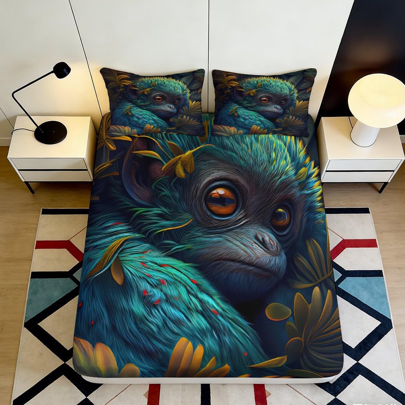 3D Printed Blue Monkey Fitted Sheet Microfiber Soft Breathable Jungle Leaves Bed Cover for Bedroom Dormitory Guest Room Mattress Protection Decor 180x200x25cm