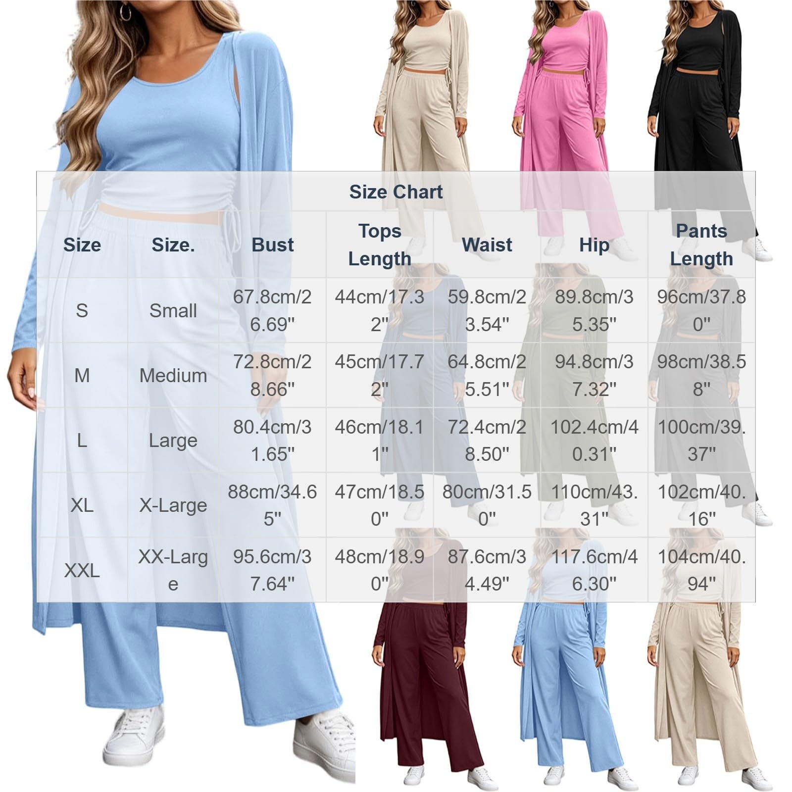Conjunto de ropa de descanso de 3 piezas para mujer, de punto acanalado, ajuste delgado, cuello redondo, chaleco corto, pantalones de pierna ancha, cárdigan de manga larga, cárdigan suave y acogedor
