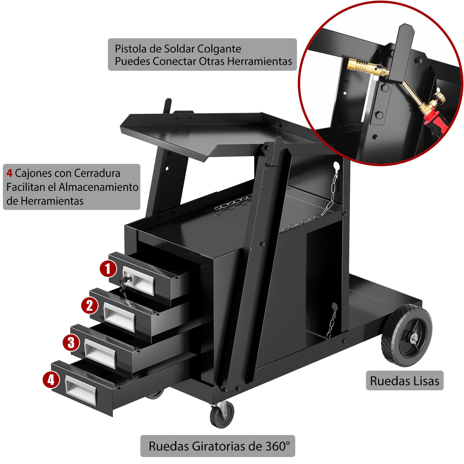 GYMAX Carro de Soldadura Rodante con 4 Cajones, Carga 45 kg, Carro de Herramientas con Almacenamiento y Cadena de Seguridad, para Soldadores y Cortadores de Plasma para Garaje, Taller