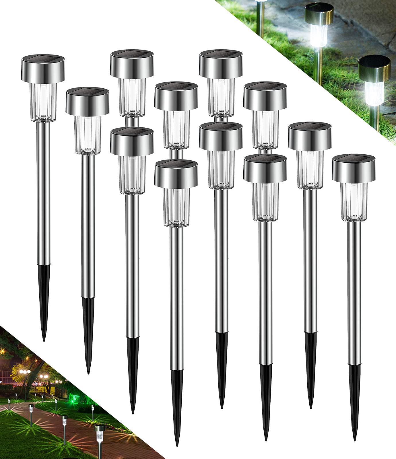 Avoalre 12PCS Solar Lights Outdoor Garden Stake IP44 Waterproof Stainless Steel Pathway Lighting Solar Powered Lights for Garden, Patio, Yard, Flowerbed