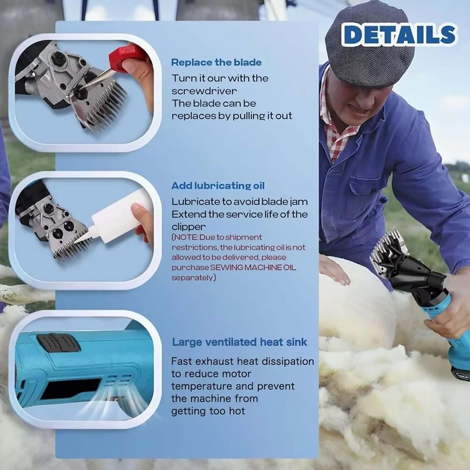 Shears di Pecore a Corda 600 W Duty Heavy-Flippers elettrici Professionali a 6 Marce con 2 batterie Ricaricabili e Lame in Acciaio Inossidabile da 9/13 per Le capre Alpacas 13-Teeth
