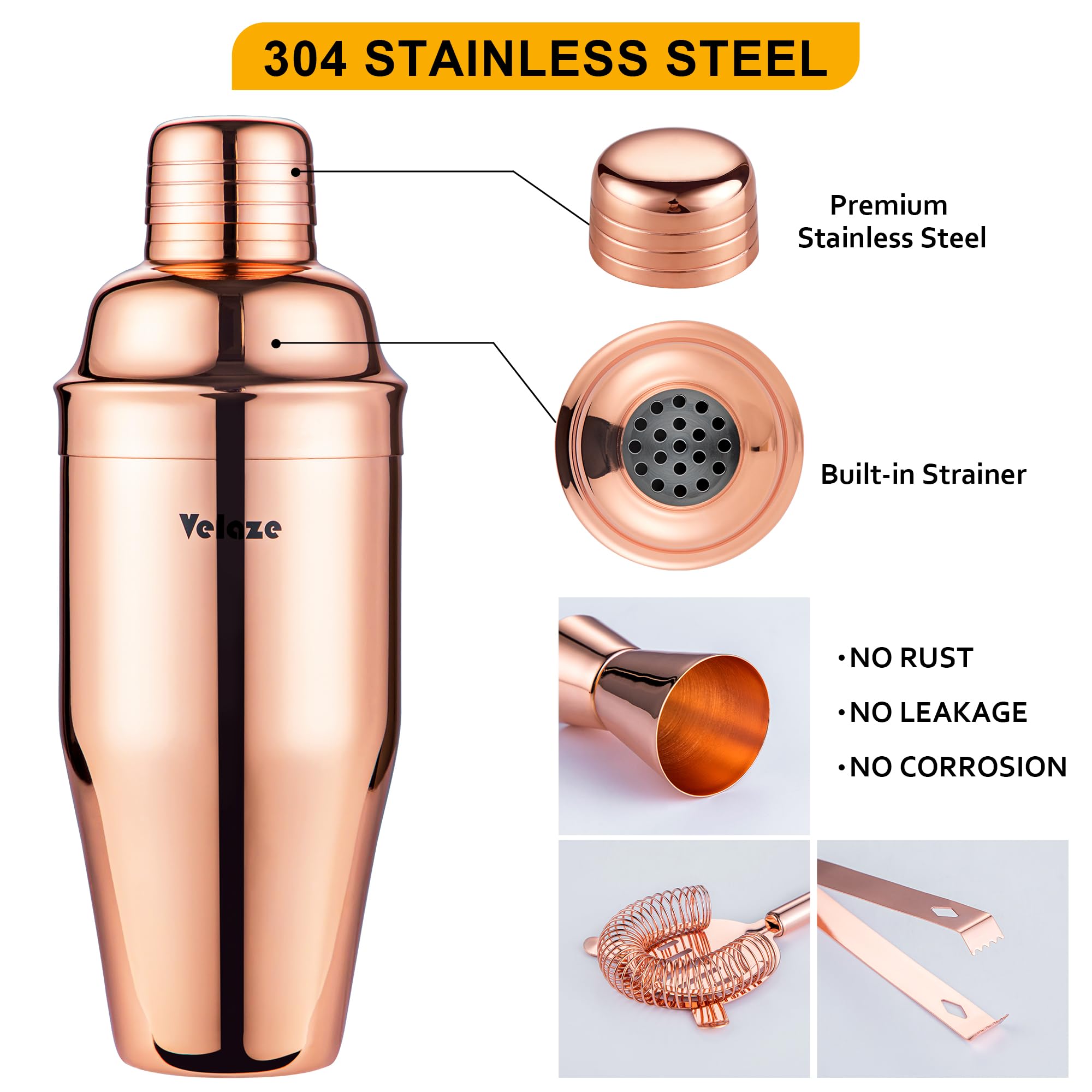 Velaze Cocktailshaker, 10-Delige Cocktailkit, 850 ML Roestvrijstalen Barmancocktailshaker, met Roestvrijstalen Standaard, Dubbele Jigger, Barlepel, Schenker, Feestcadeau - Roze Kleur