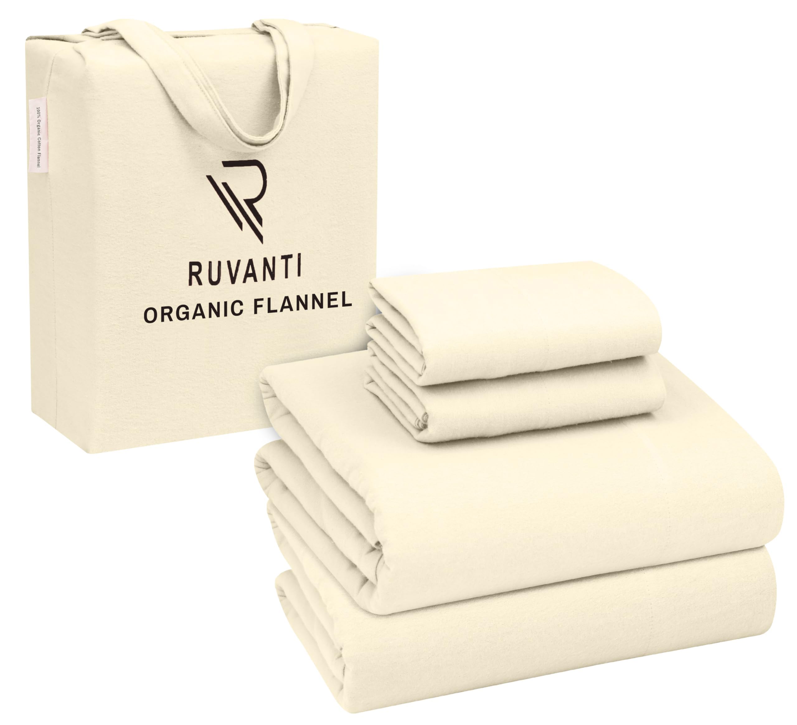 Ruvanti Sábanas de Franela orgánica tamaño matrimonial, Juego de sábanas 100% algodón de Doble Cepillado, Bolsillo Profundo de 16 Pulgadas, Transpirables, extrasuaves, cálidas y acogedoras, 4 Piezas,