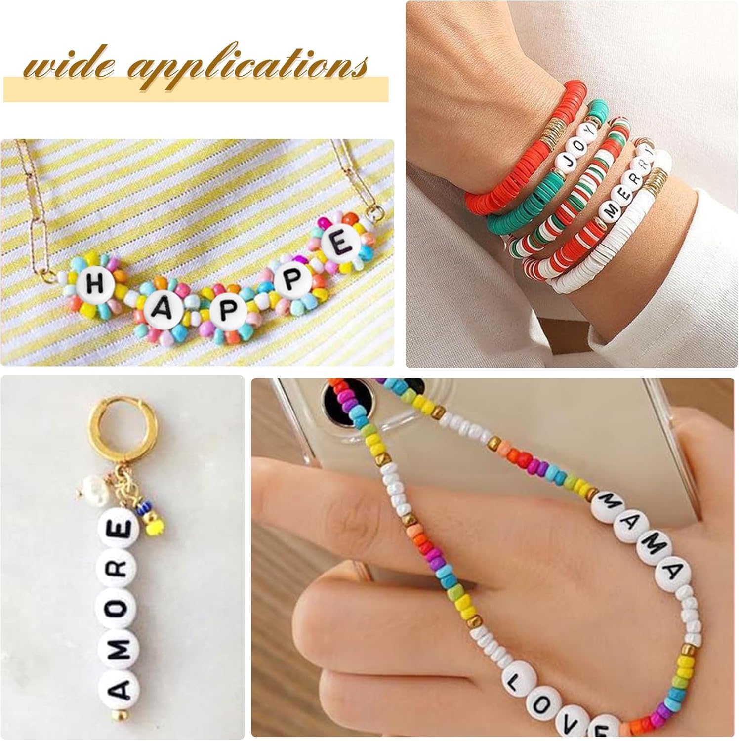 Letters voor armbanden, 4 x 7 mm, witte letterkralen van A tot