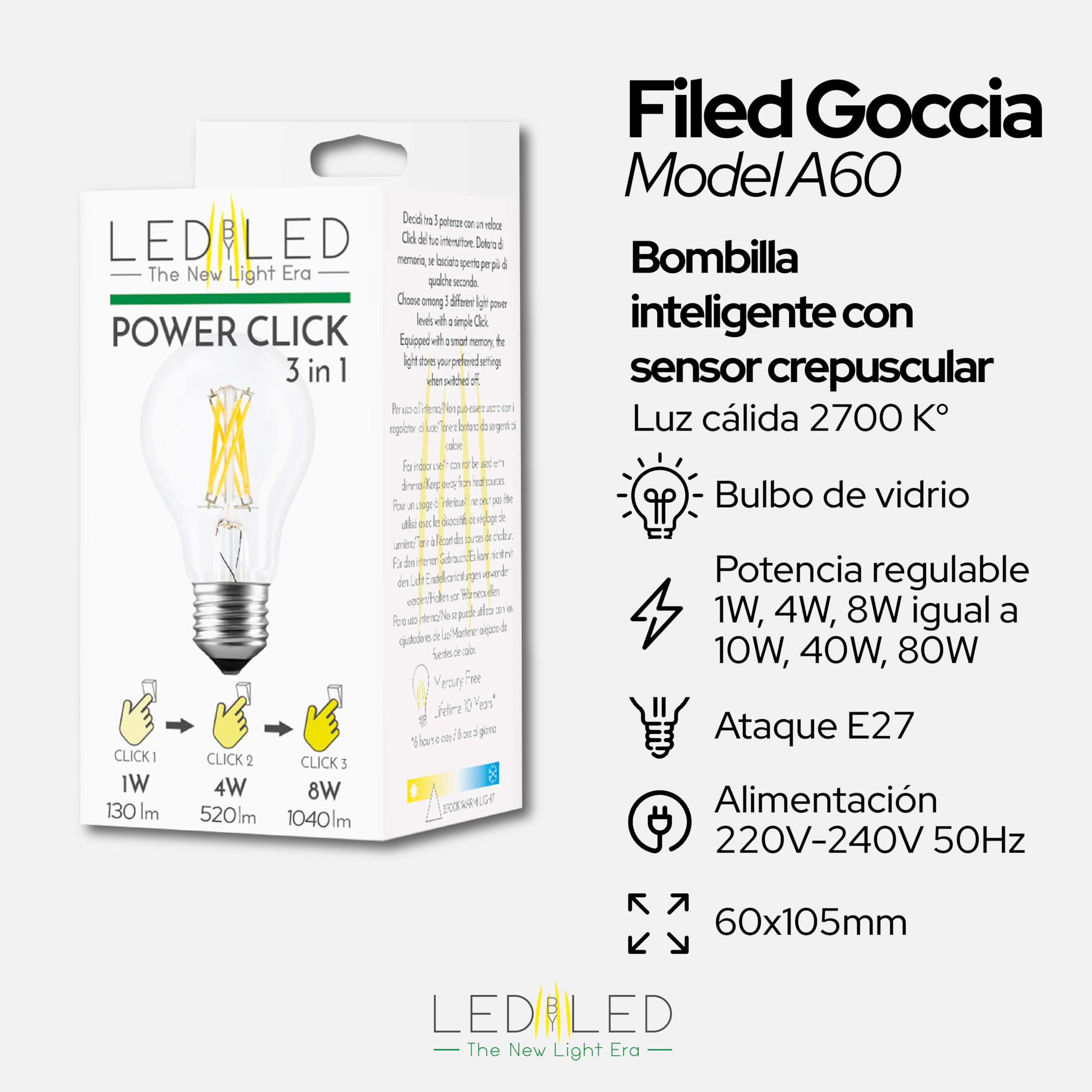 Bombilla Smart Goccia Power Click 2-4-8W, E27, vidrio transparente, intensidad regulable, 2700K luz cálida, filamento LED recto, 960 lúmenes, paquete de 10 unidades
