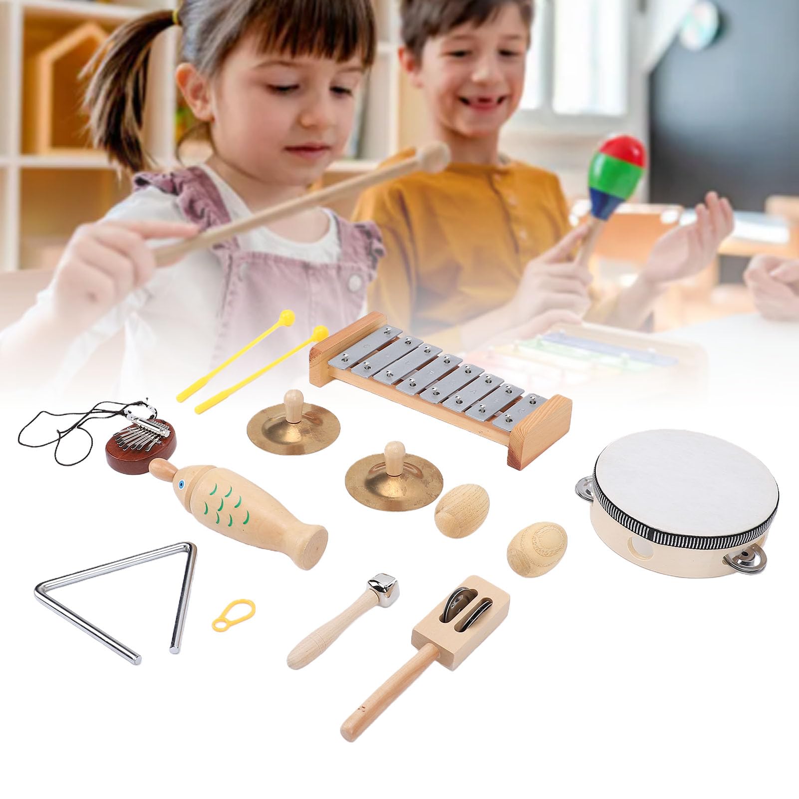 Kinder-Schlaginstrumenten-Set aus Holz, Kleinkind-Schlagzeug-Set mit Xylophon, Trommel, Tamburin und Maracas aus Buchenholz und Metall für die Frühe Lernphase in Vorschule,