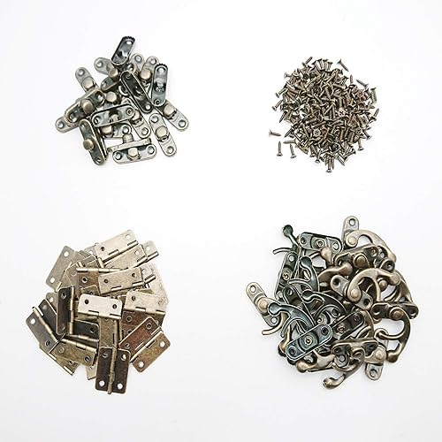 Miniatura 2 de 40 bisagras de caja pequeña, 20 juegos antiguos de gancho derecho cerrojo de madera para joyería con 240 tornillos de repuesto, tono bronce