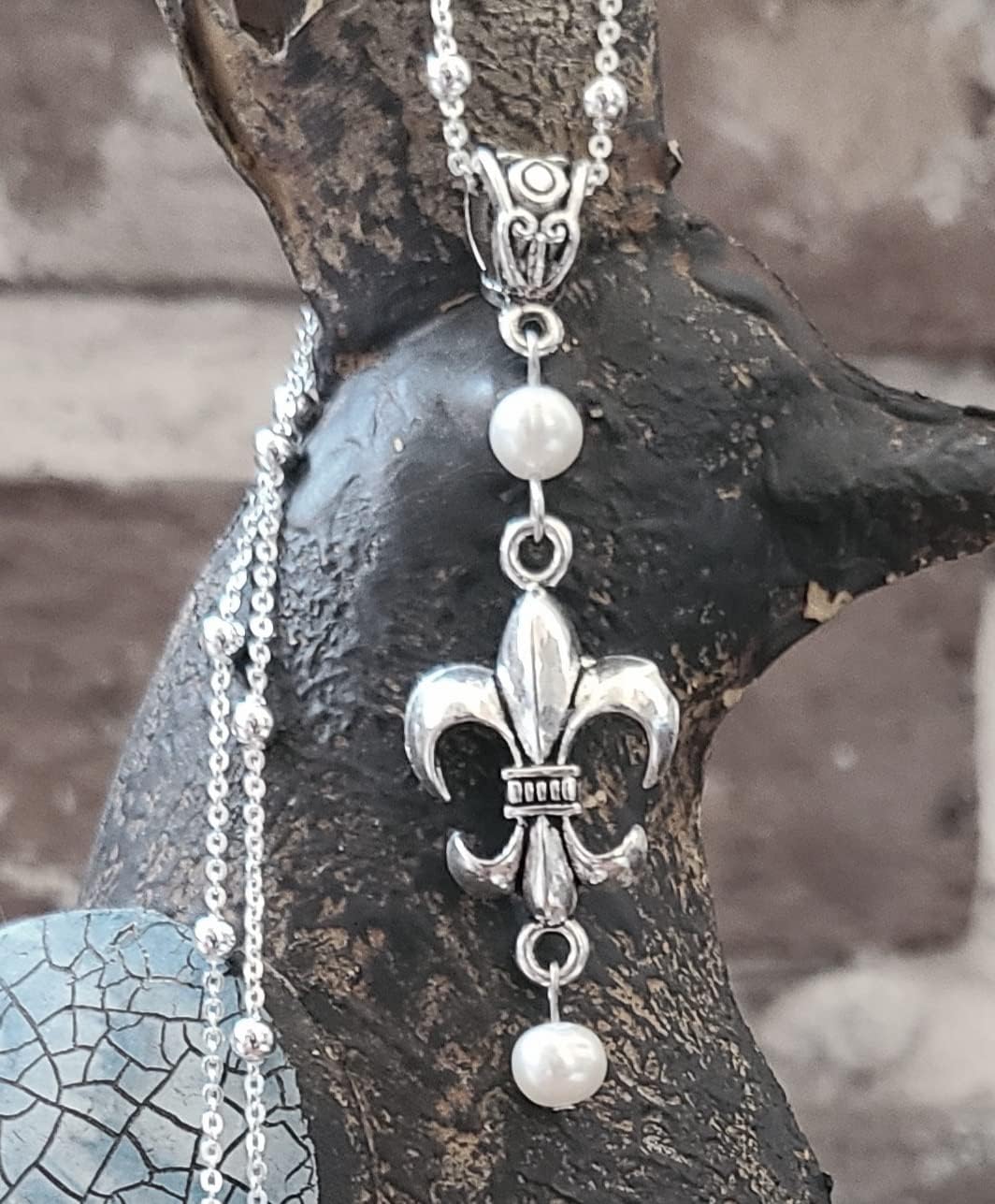 Fleur De Lis Double Pearl Handmade Necklace on a Sterling Silver Chain