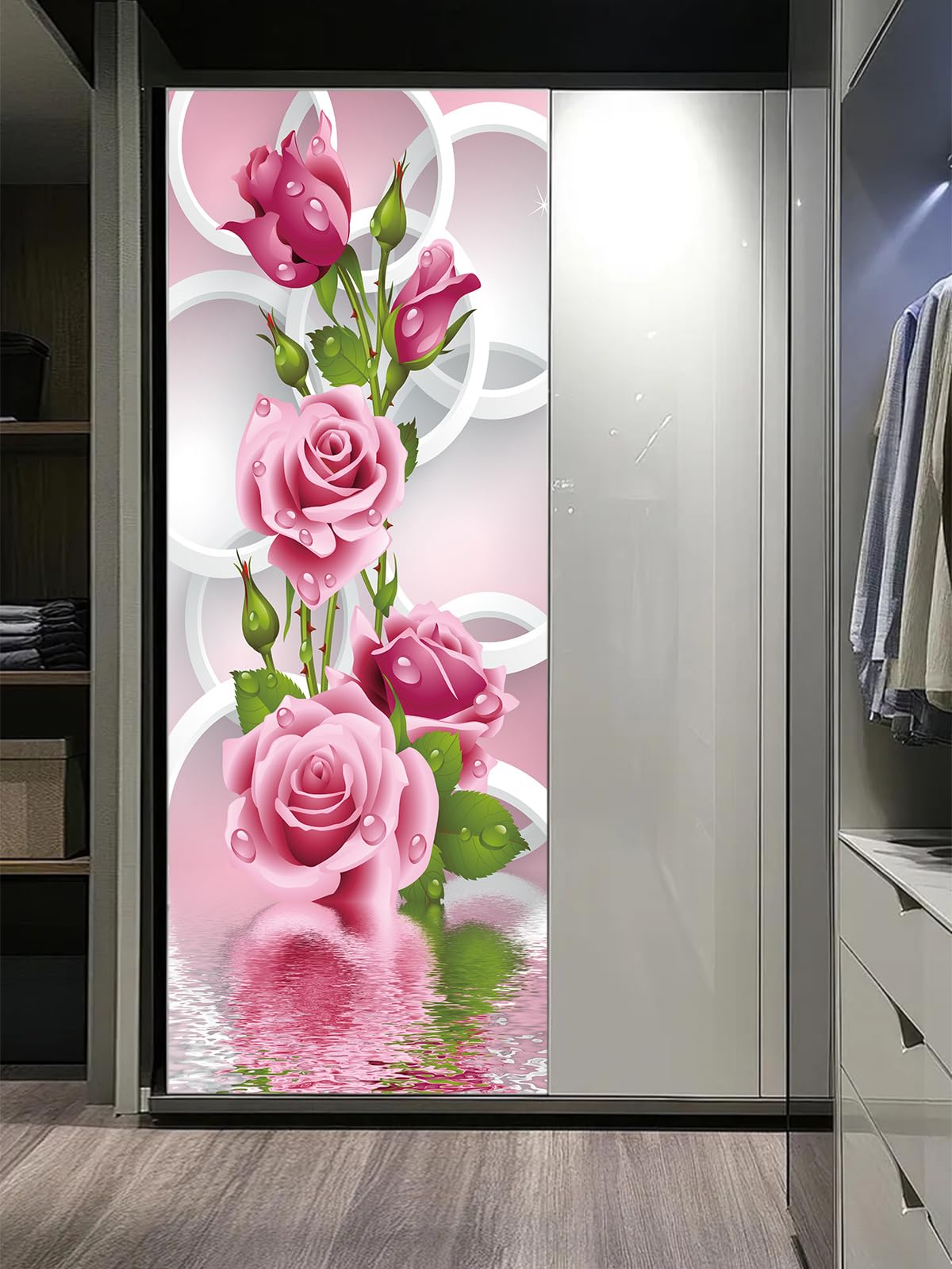 FLFK Adesivi per porte Stacca e attacca - Cerchio di fiori di rosa Carta da parati autoadesiva per pareti e porte poster per la camera da letto e il soggiorno 77x200cm