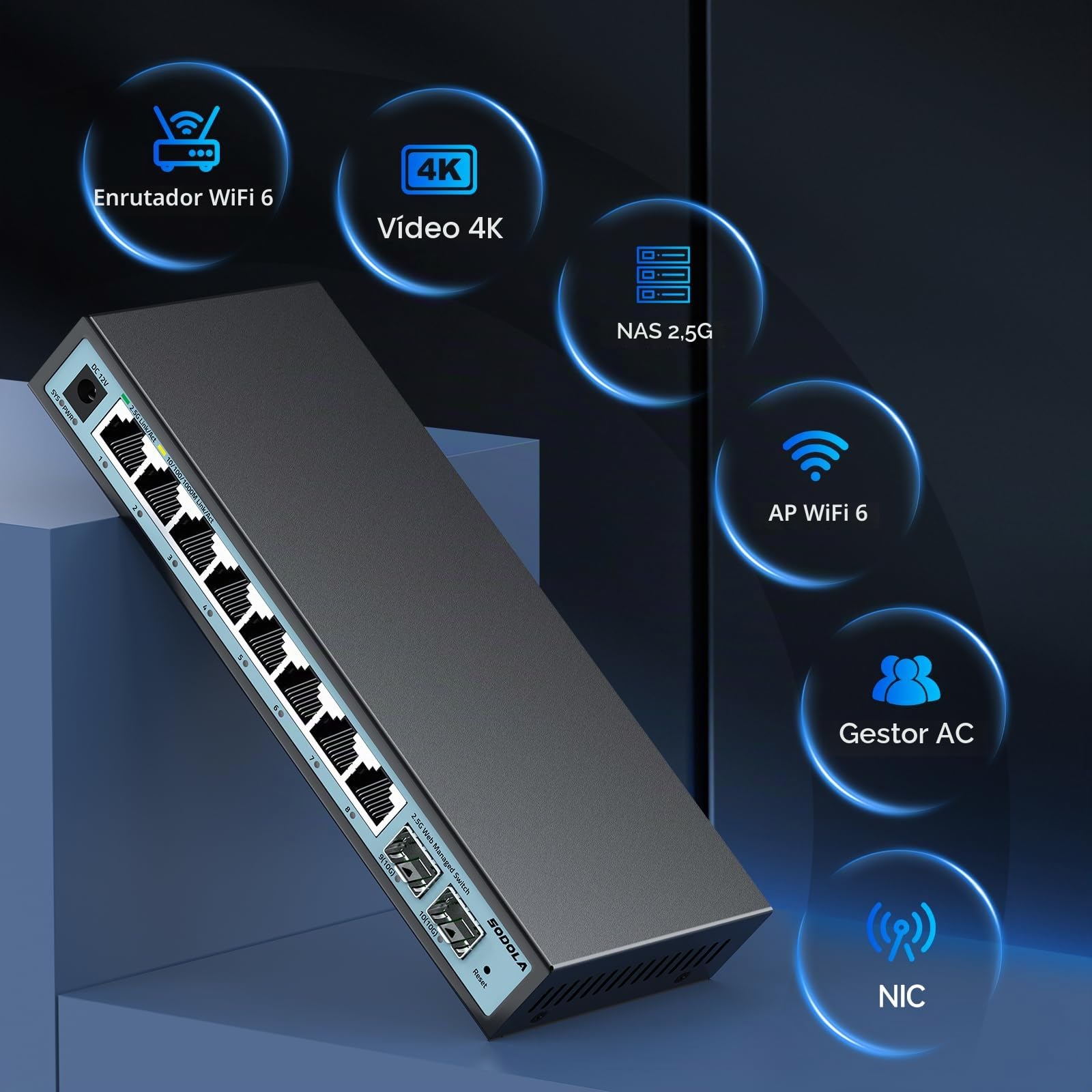 SODOLA Interruptor de 10 puertos de 2,5 GB de fácil gestión web, 8 puertos Base-T de 2,5 G, 2 x 10 G SFP+, conmutador Ethernet multiGigabit sin ventilador para AP inalámbrico, NAS, PC