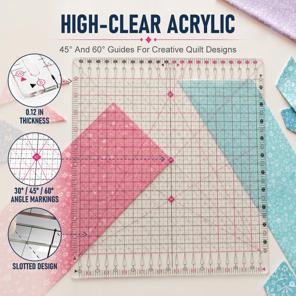 Quilting Ruler 11.5" x 10.5", Red Slotted Acrylic Sewing Ruler for Precise Fabric Cutting, Clear Patchwork Template with 1/2" Grooves and Angle Markings