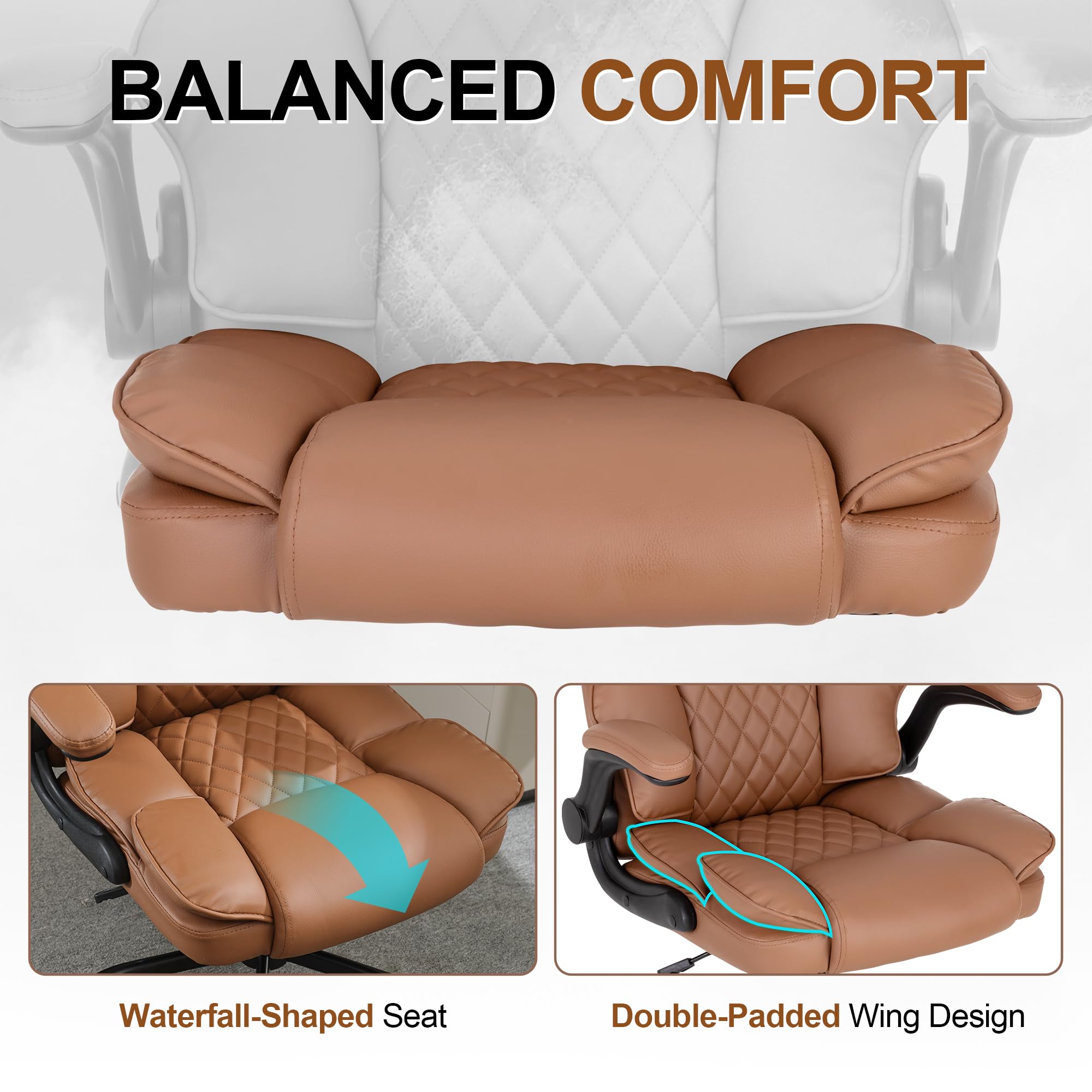 Office Desk Chair,Mid Back Executive Leather Chair,Ergonomic Home Computer Chair,Modern Conference Room Chairs with Adjustable Flip-Up Arms and Rocking Function (Brown)