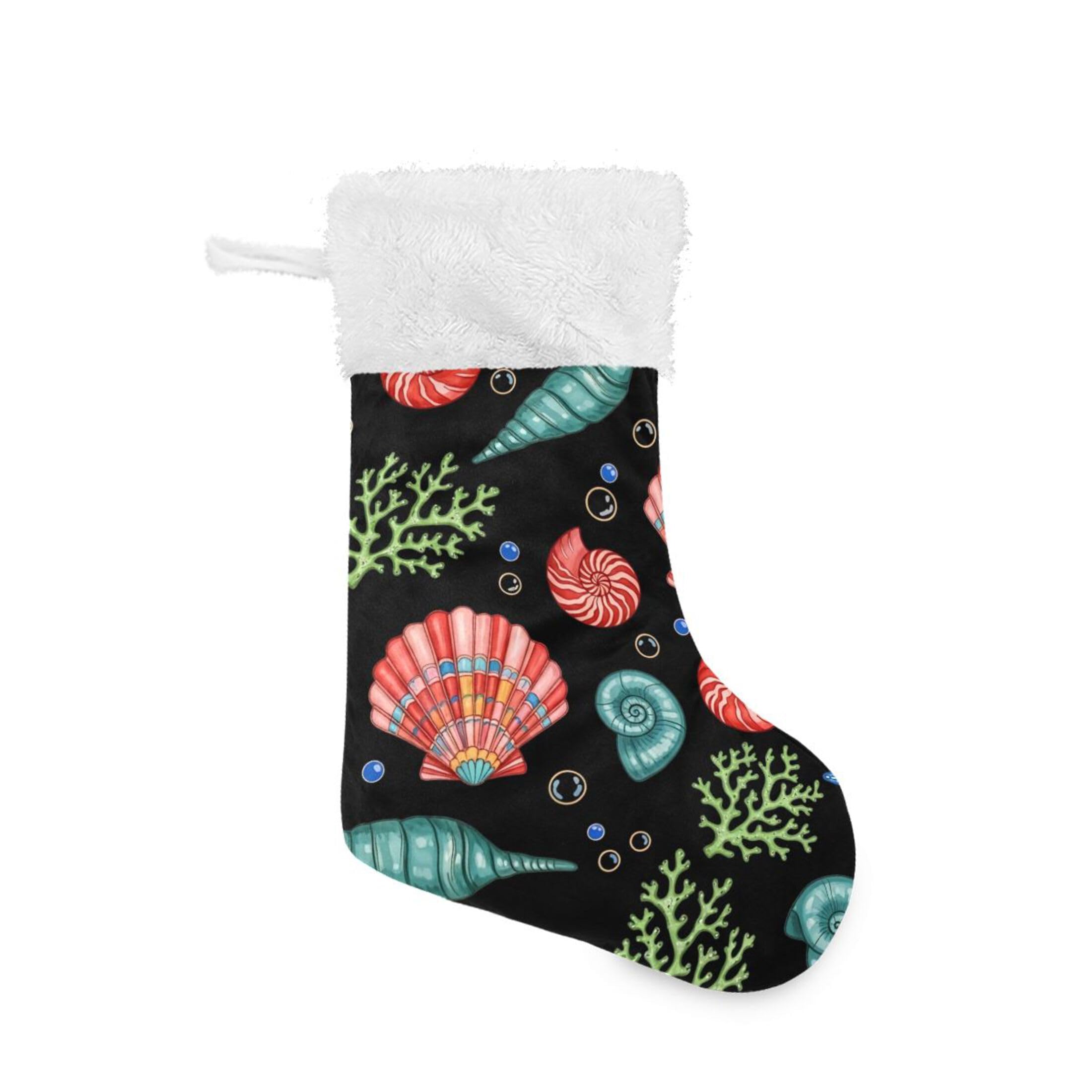 Fuauuyl Seashells Christmas Stocking 18 In Xmas Hanging Stocking with Plush Cuff for Family Holiday Party Fireplace Decorations, 1 Pack