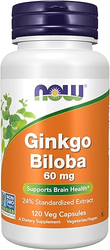 NOW Suplementos, Ginkgo Biloba 60 mg, extracto estandarizado al 24%, proyecto verificado sin OMG, 120 cápsulas vegetales