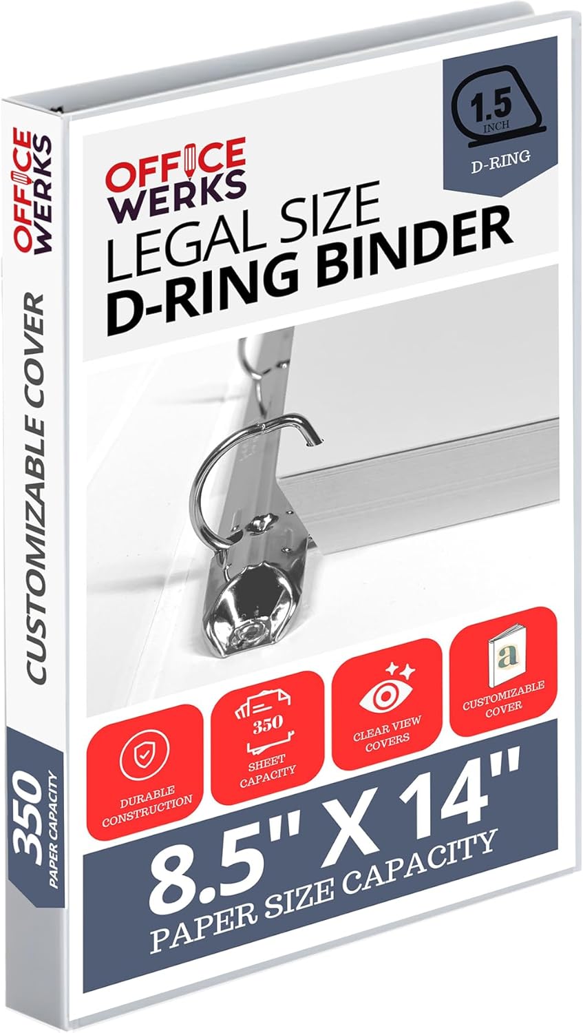 Performore - Office Werks Heavy Duty Legal Size View Binder - 14" x 8.5", White, 1.5 Inch D-Ring, Back Mount Binder
