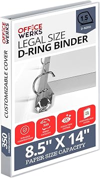 Performore - Office Werks Heavy Duty Legal Size View Binder - 14" x 8.5", White, 1.5 Inch D-Ring, Back Mount Binder