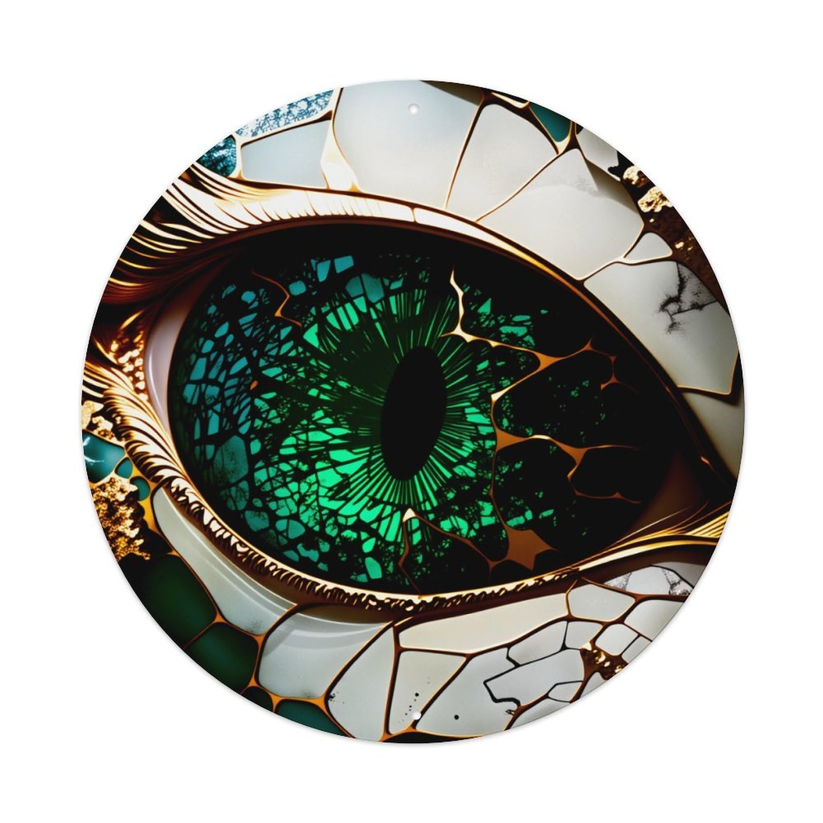 Wmlzdnwr Vintage Mosaic Eye Pattern With Green And Gold Accents Round Tin Sign,Retro Wall Art,Metal Poster For Home, Bar, Garage, Cafe, Rustic Indoor & Outdoor Decor, 8X8 Inches