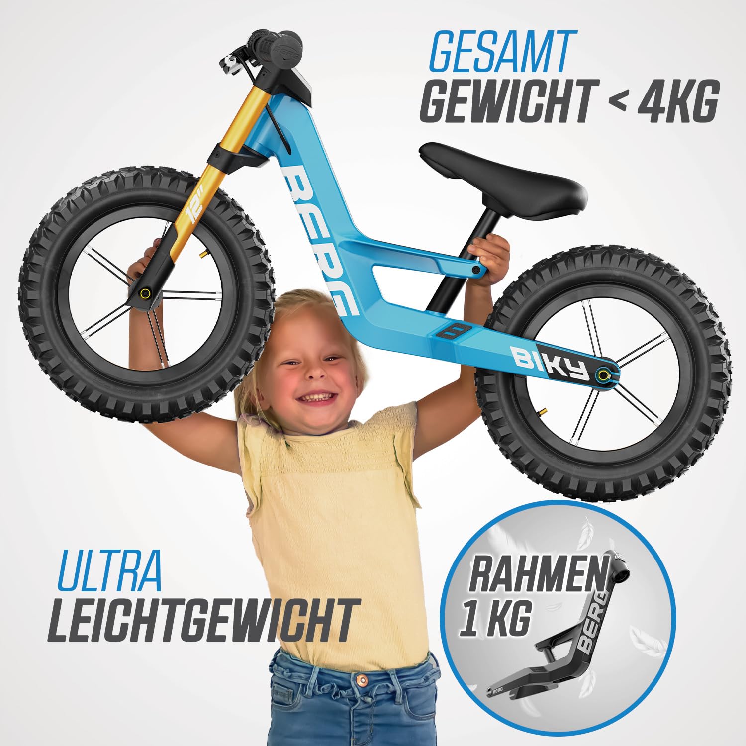 BERG Biky Cross 12 Zoll Laufrad für Jungen und Mädchen ab 2 Jahren | Kinder Laufrad mit Handbremse, Luftreifen, höhenverstellbarem Sattel & leichtem Magnesiumrahmen