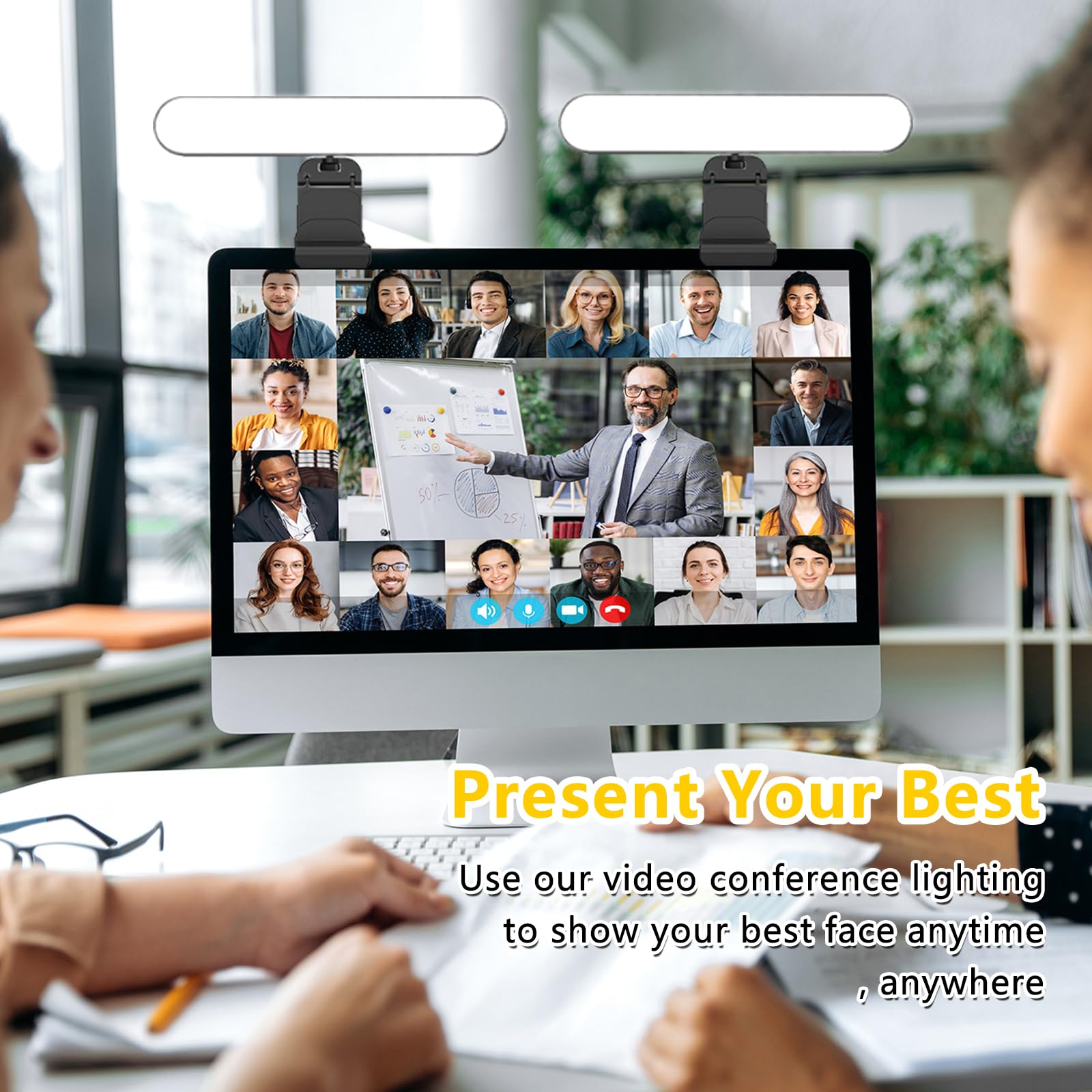 Illuminazione per videoconferenza con due lampade, luce in streaming di 3 colori di luce e 10 luminosità, rotazione a 360° per PC, cellulare, laptop, riunioni di zoom, monitor, webcam