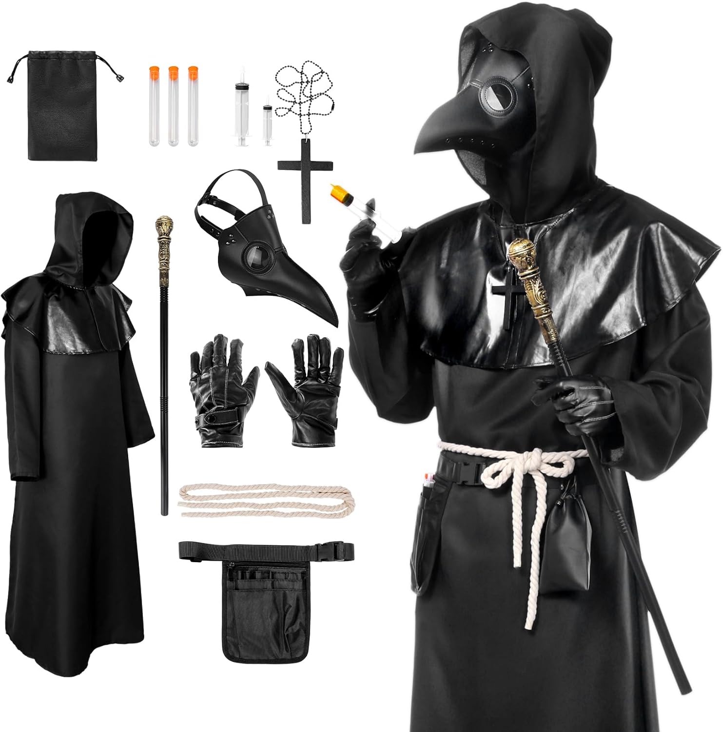 Plague Doctor Costume,Scary Black Doctor Robe with Mask Gloves Hat,Halloween Costumes for Aldult