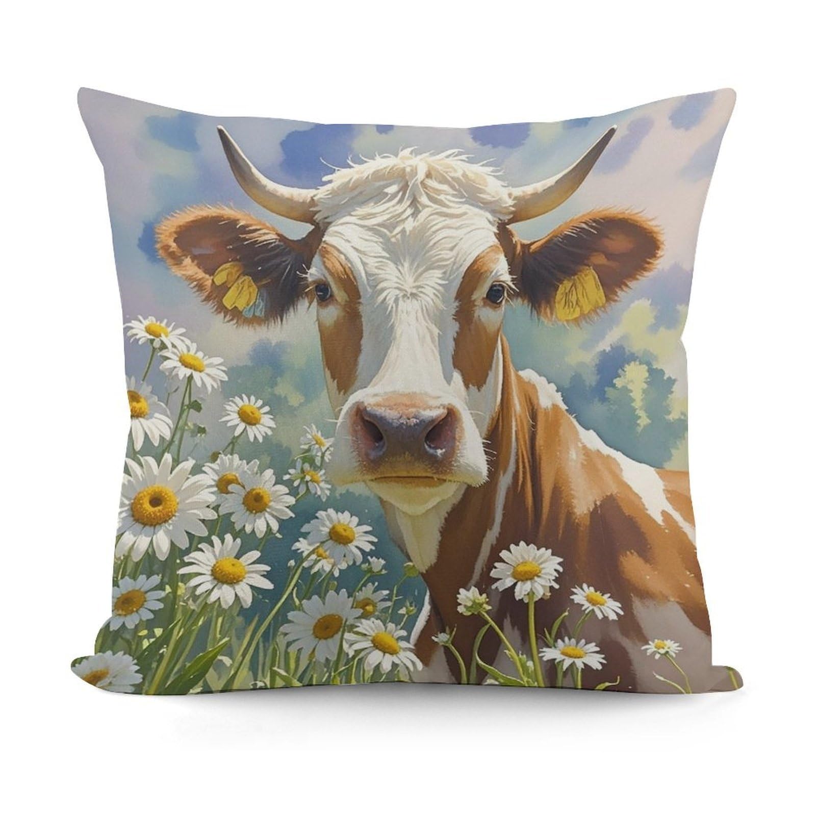 LZQPOEAS Watercolor Cow and Daisy Flower Throw Pillow Cover 18x18 in Breathable Square Pillow Case Cozy Soft Pillowcase Protector Fashion Modern Couch Cushion Case for Living Room Bed Sofa Decor