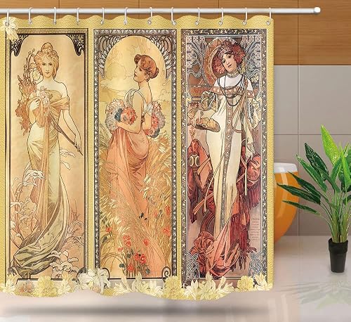 Jugendstil-Duschvorhang, Vintage-Dekoration für Badezimmer, Gold, 183 x 183 cm