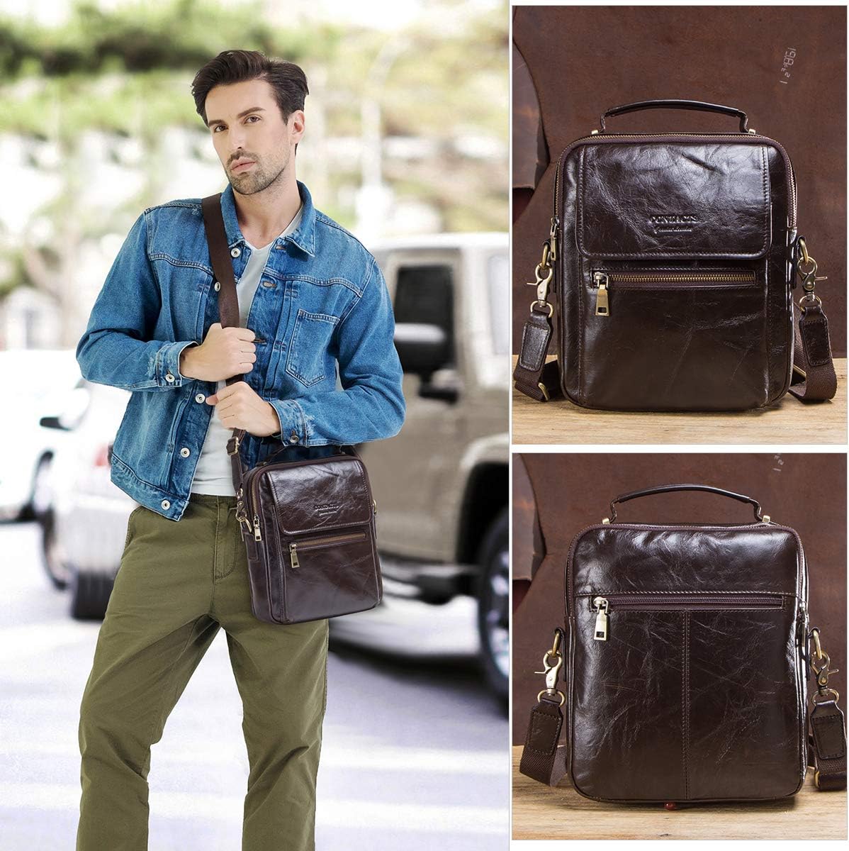 Contacts Leather Messenger Bag for Men, 9.7 inch iPad Vintage Genuine Leather Crossbody Business Shoulder travel Purse Handbag for work