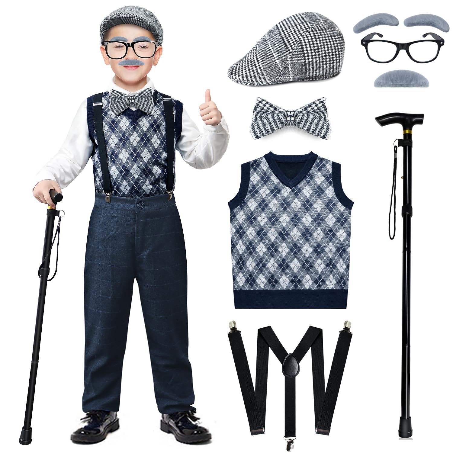 Kids 100 Days of School Costume Boys-Halloween Grandpa Old Man Costume with Accessories for 100th Day of School Party