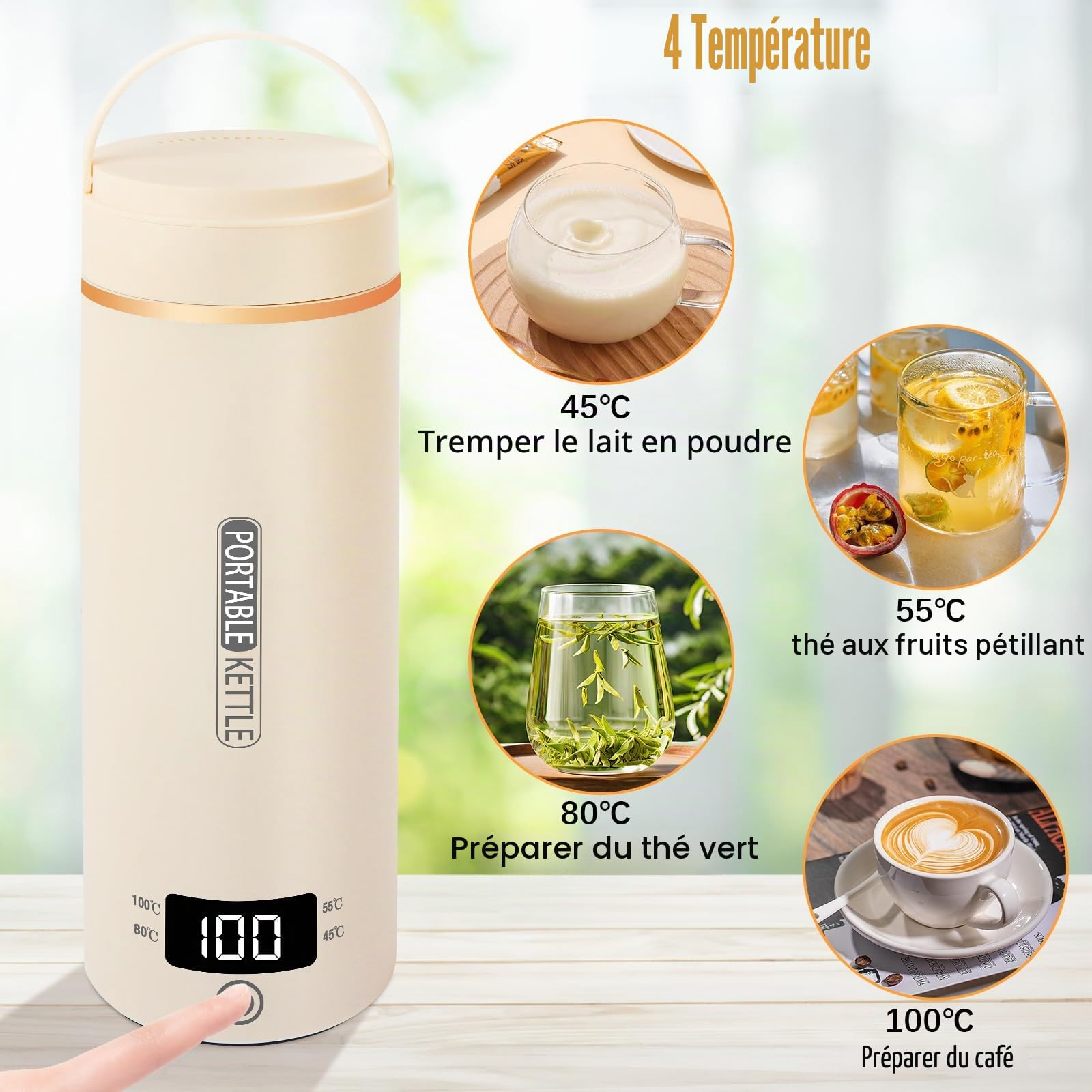 Petite bouilloire électrique de voyage, 500 ml/300 W, mini tasse à eau en acier inoxydable 316, chauffage automatiquement arrêté, avec couvercle réversible pour thé, café, lait de bébé (beige)