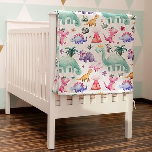 Miniatura 2 de HawSkgFub Manta de dinosaurio para niñas, regalo rosa y morado, para amantes de los dinosaurios tropicales, de franela de forro polar, manta de