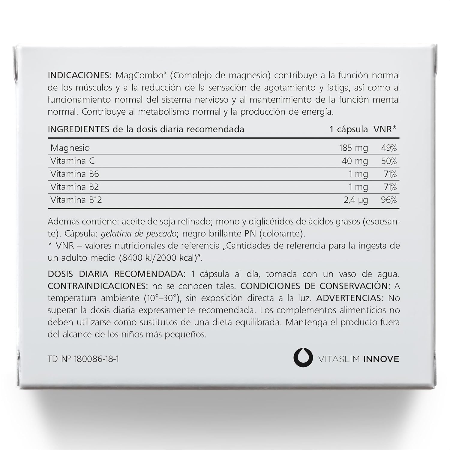 MagCombo - Magnesio puro concentrado, fórmula de aceite especial para máxima absorción, enriquecido con vitaminas В2, В6, В12 y С, solo 1 cápsula diaria. 100 capsulas