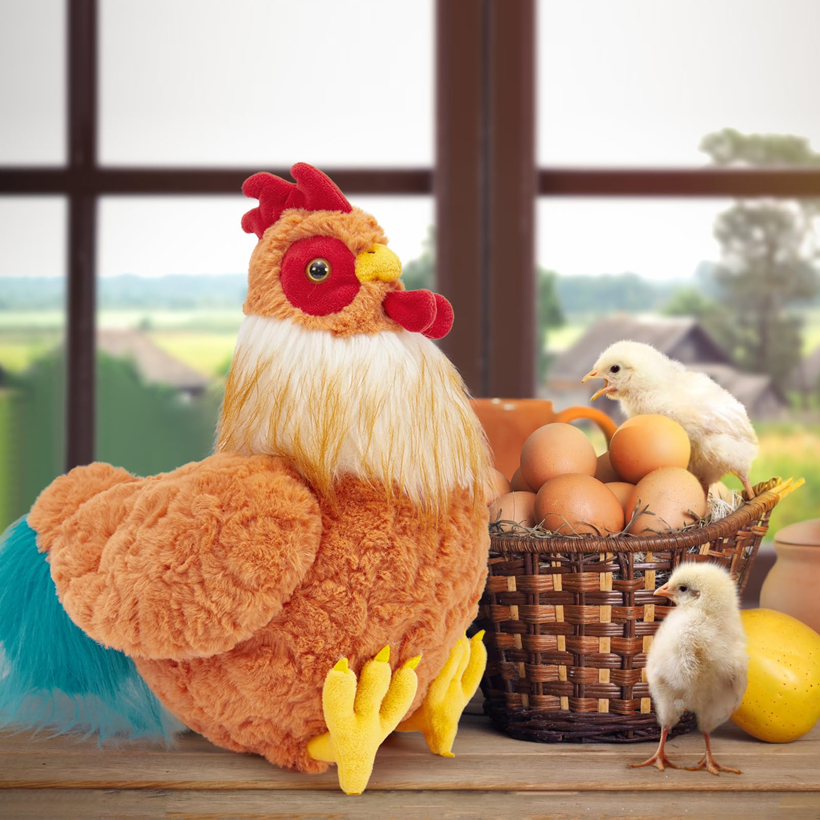 MorisMos Giant Chicken Teddy 45cm, Large Orange Rooster Plush with Peacock Blue Tail, Soft Cuddly Stuffed Animal Toy, Funny Educational Gift for Kids Girls Boys, Easter Birthday Christmas Party Decor — image 1