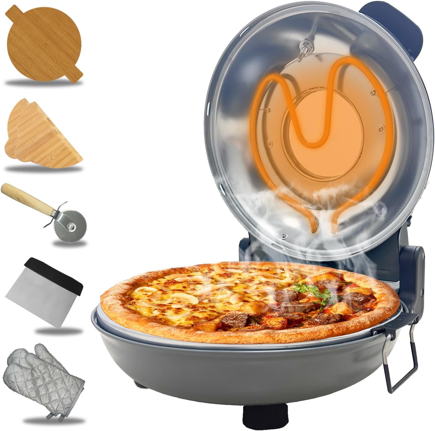 Pizza Oven Indoor, 12 Inch Retro Pizza Maker, Rapid Heating 800˚F, 1200W Glazed Ceramic Stone Electric Pizza Cooker, Two-button Precise Temperature Control, Viewing Window for Precise Cooking