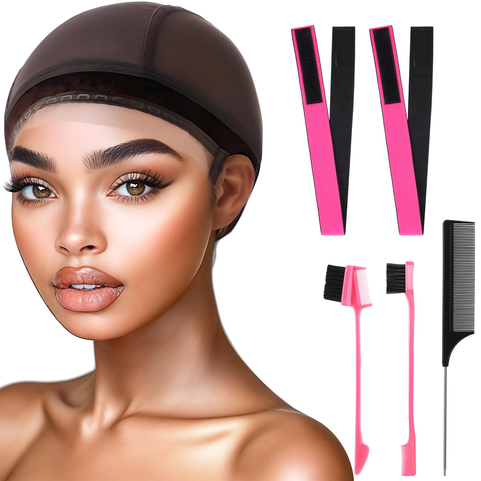 obeoby Adjustable Wig Cap with Grip Band, Brown Wig Cap for Keeping Wigs In Place Lace Front Wig Cap Non-Slip Wig Grip